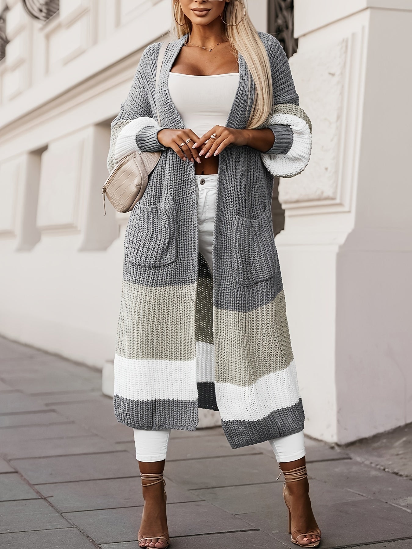 Women's Plus Colorblock Chunky Lantern Sleeve Open Front Longline Knit Cardigan