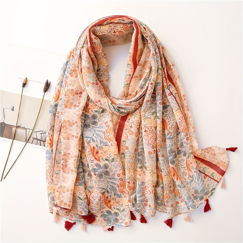 National Style Floral Fringed Scarf Lightweight Breathable Sunscreen Shawl