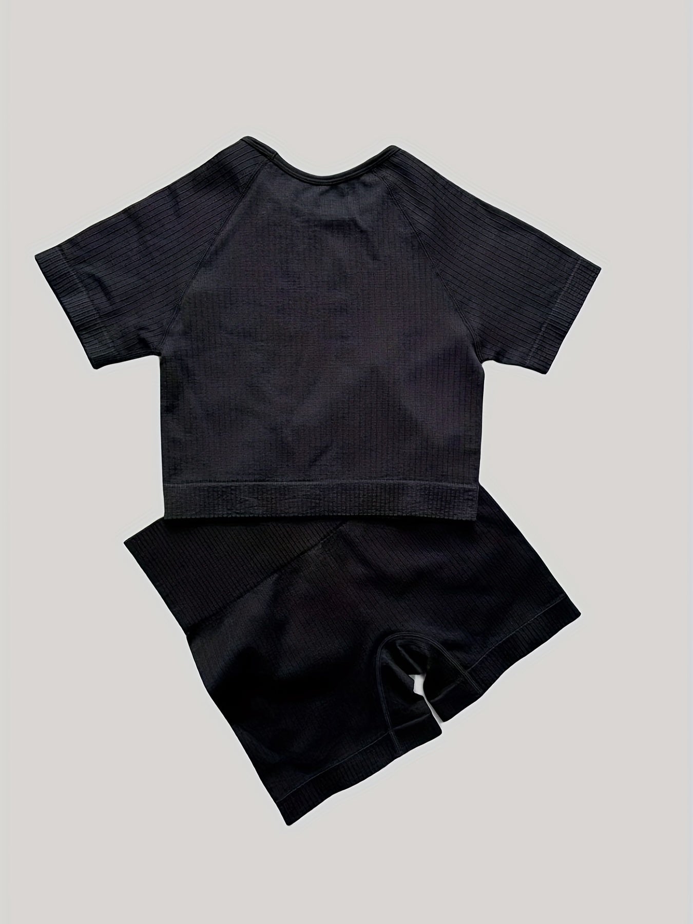 Rib Knit Yoga Set Round Neck Short Sleeves High Waist Stretch Activewear