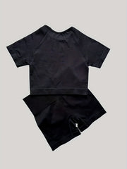 Rib Knit Yoga Set Round Neck Short Sleeves High Waist Stretch Activewear