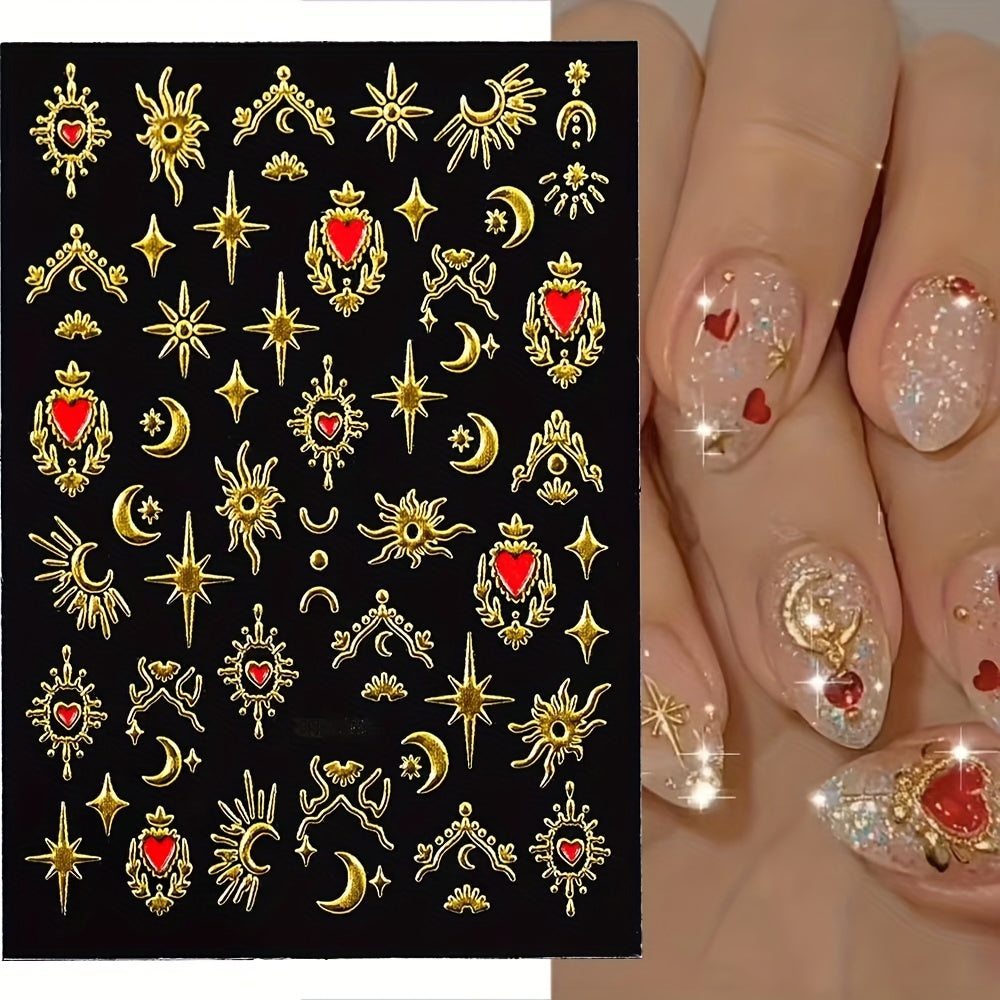 Bronzing Love Heart Star Moon Nail Stickers Geometric Line Nail Decals