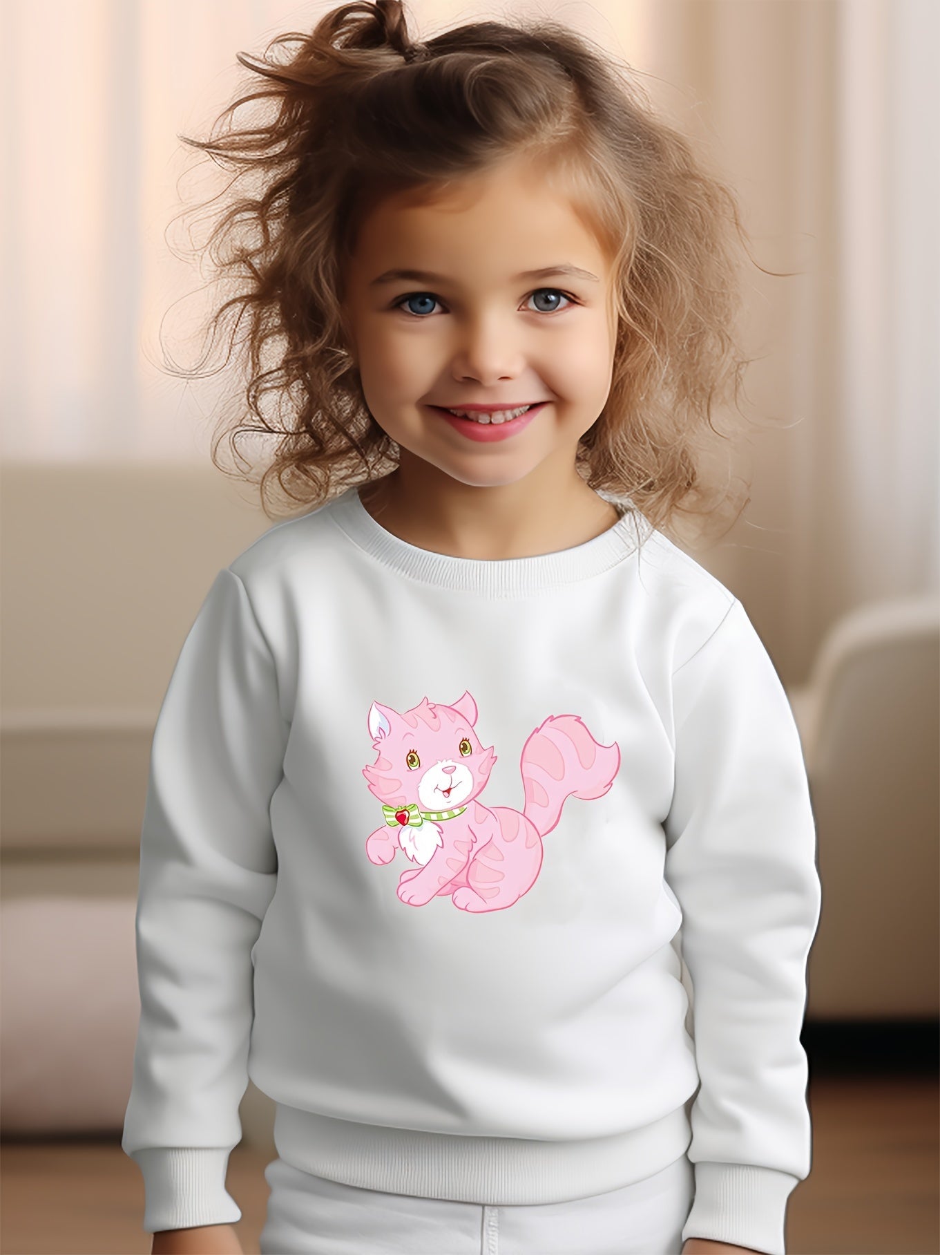Girls Cat Pattern Crew Neck Sweatshirt for Spring Fall