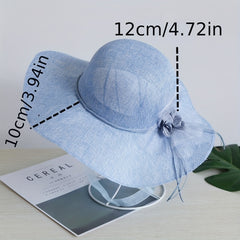 Wide Brim Beach Hat Lace Flower Rope Knot Sun Hat Solid Sunscreen Bucket Hat