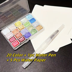 20 Colors Mini Watercolor Paint Set with Brush & Paper
