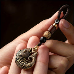 Lucky Fish Brass Car Pendant Key Chain Vintage Chinese Style Hand woven Rope