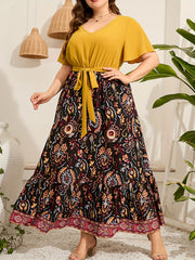  Colorblock Floral Print Knot Front Maxi Dress