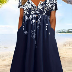  Floral Print Button Up Short Sleeve Dress With Pockets