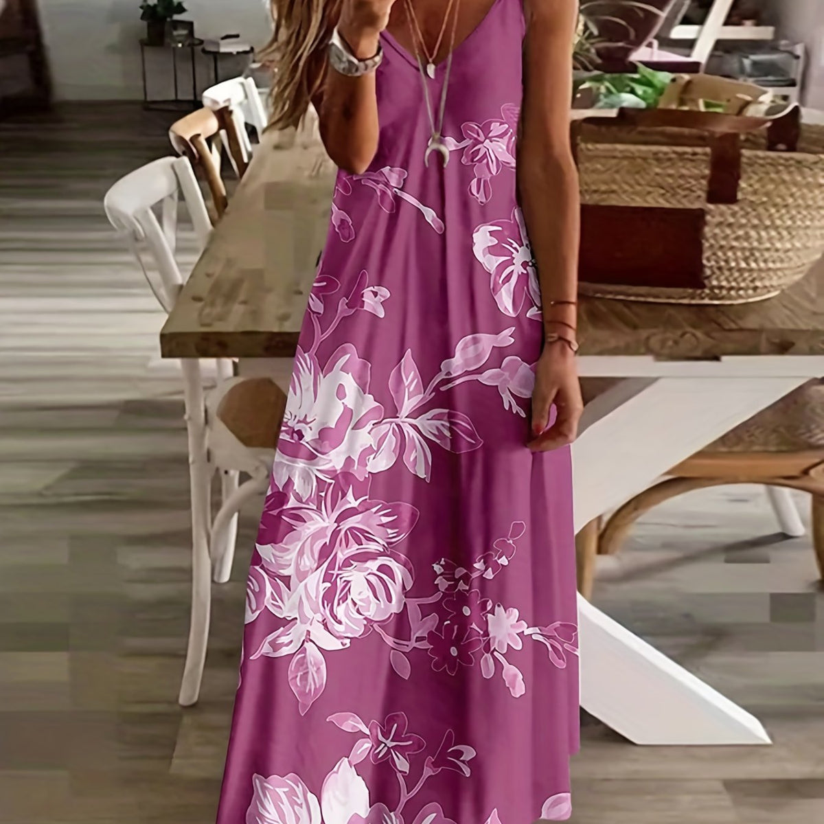  Floral Print Maxi Cami Dress Women's V Neck Slight Stretch