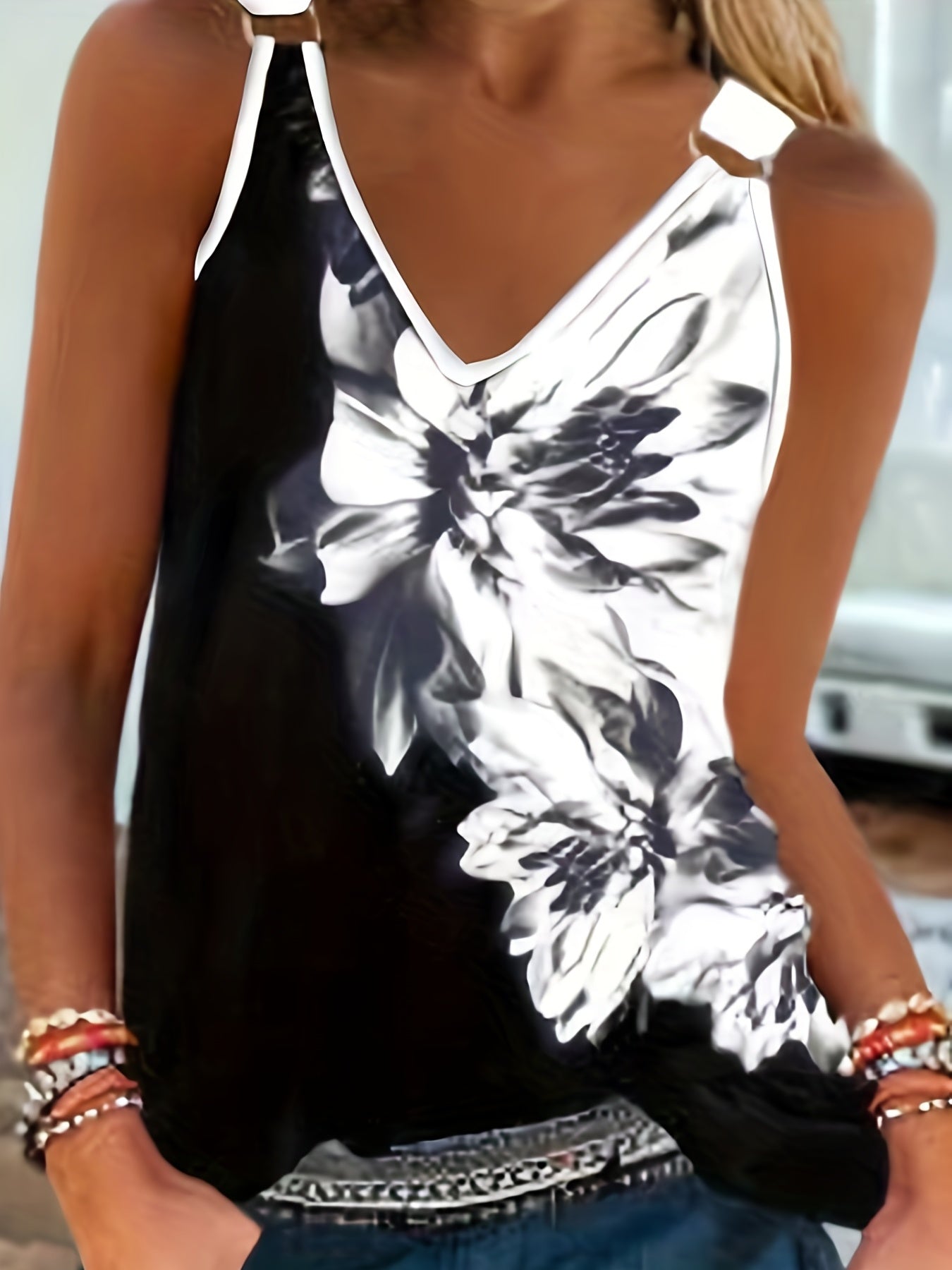  Floral Print V Neck Tank Top