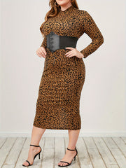  Leopard Print Mock Neck Bodycon Dress