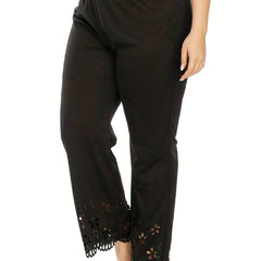  Casual Pants Women's Plus Solid Elastic Eyelet Embroidered Trim Pants