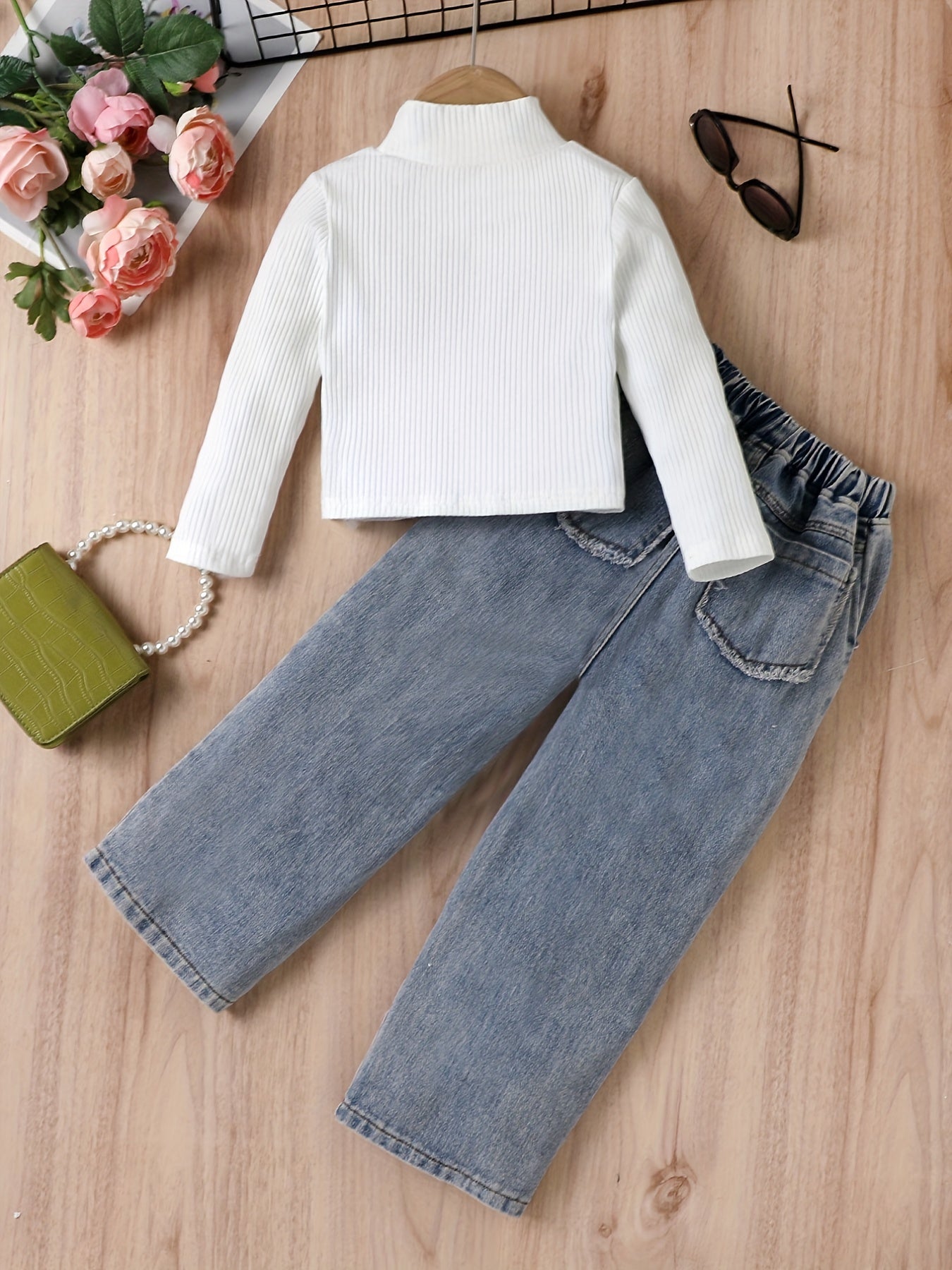 Ribbed Turtleneck Top & Ripped Denim Pants Set for Girls