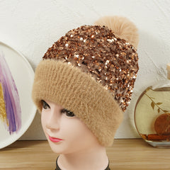 Sequins Knitted Beanie Hat for Women Ear Protection Warm Winter Gift