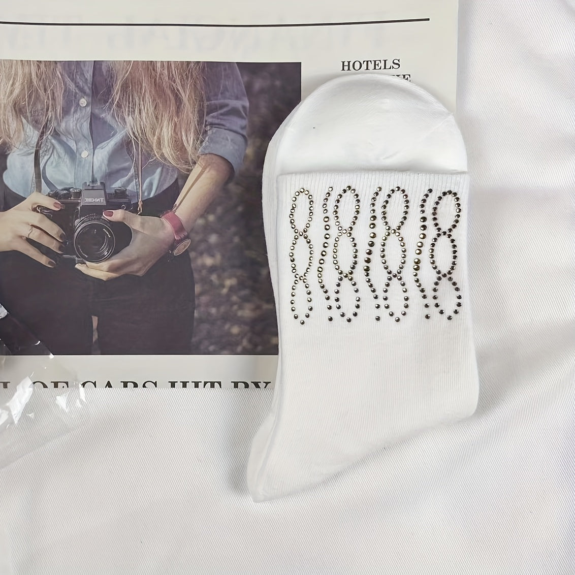5 Pairs Rhinestone Decor Socks, Comfy & Breathable, Women's Mid Tube Stockings