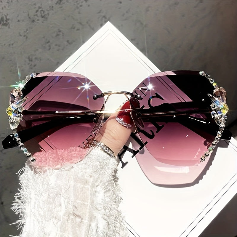Rhinestone Rimless Sunglasses Gradient UV400 Beach Party Glasses