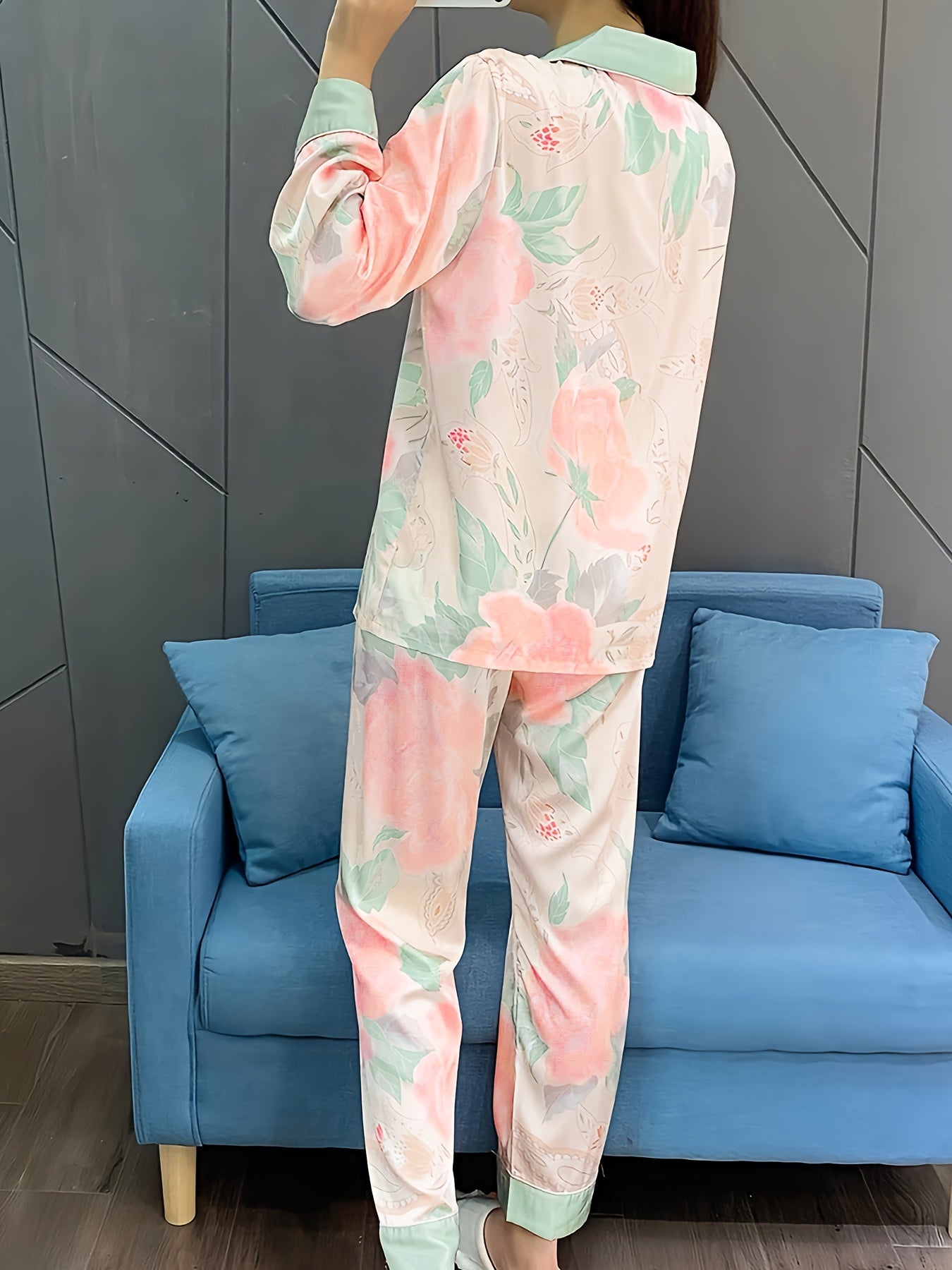 Floral Print Lounge Set Long Sleeve Top & Pants Women's Loungewear