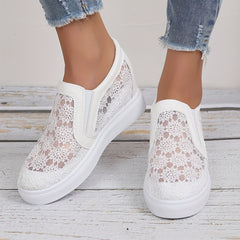 Women's Floral Mesh Sneakers Closed Toe Slip On Height Increasing Wedge Shoes