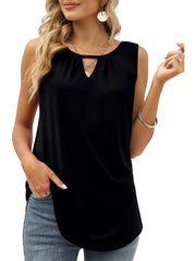 Hollow Crew Neck Tank Top Pleated Sleeveless Summer Casual