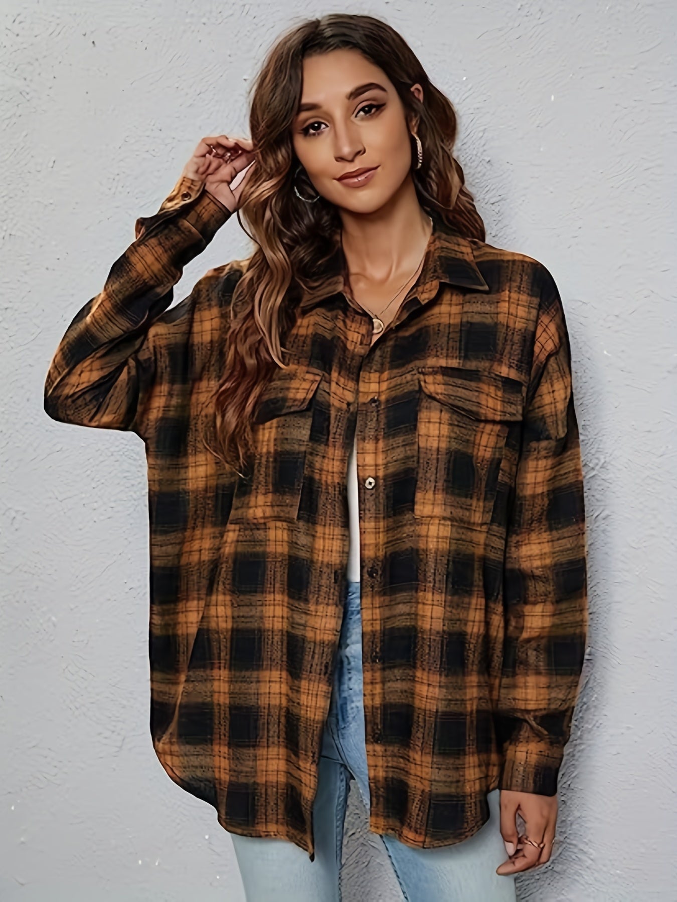  Plaid Print Long Sleeve Button Up Shirt Top