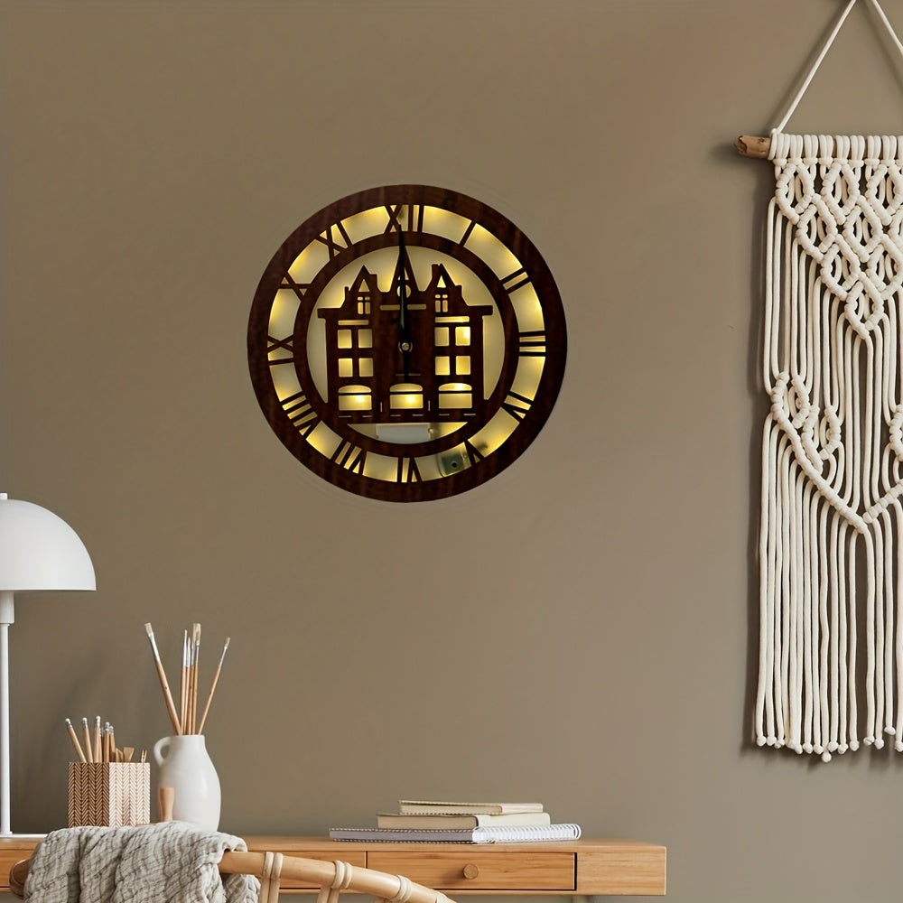LED Lights Wooden Holiday Home Decoration Wall Hanging House Watch