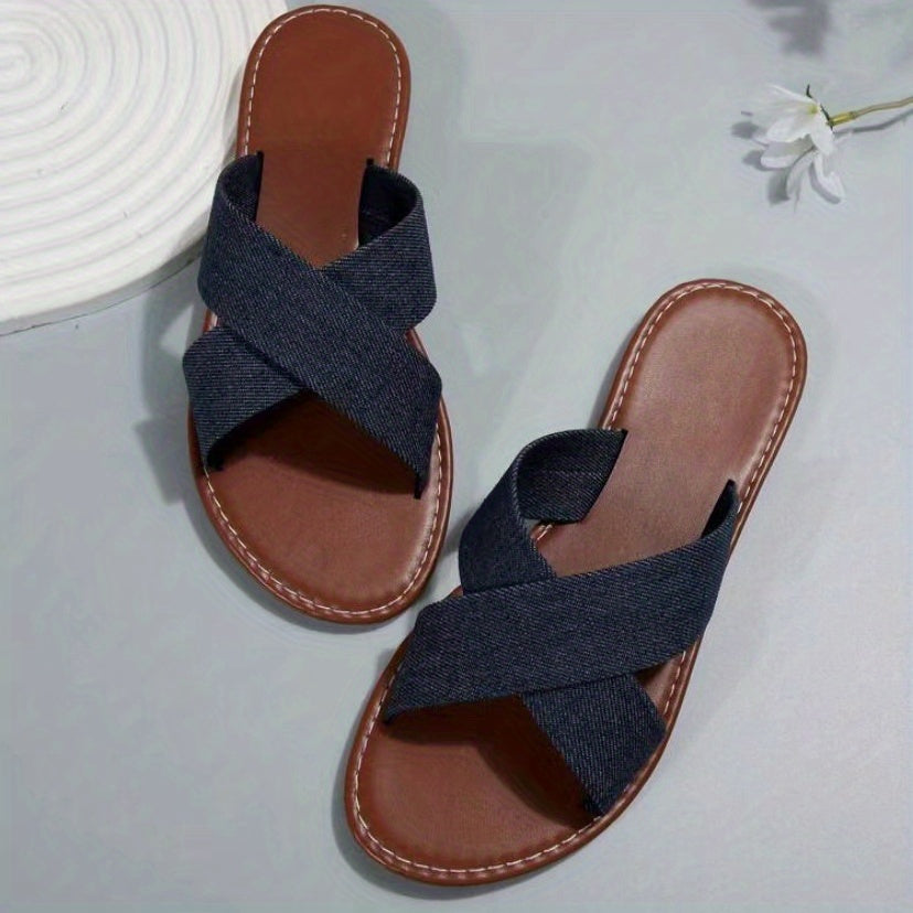 Women's Cross Strap Flat Slippers Open Toe Non Slip Slides