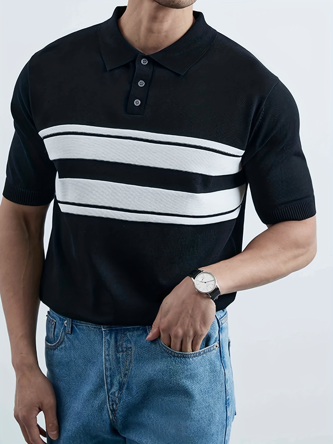 Striped Pattern Knit Short Sleeves Polo Shirt Men's Casual Lapel High Stretch