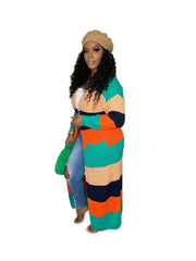  Colorblock Longline Sweater Cardigan High Stretch