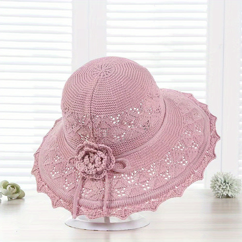 Pink Knitted Flower Sun Hat Hollow Breathable Foldable Bucket Hat
