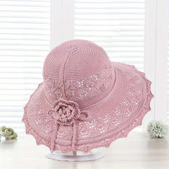 Pink Knitted Flower Sun Hat Hollow Breathable Foldable Bucket Hat