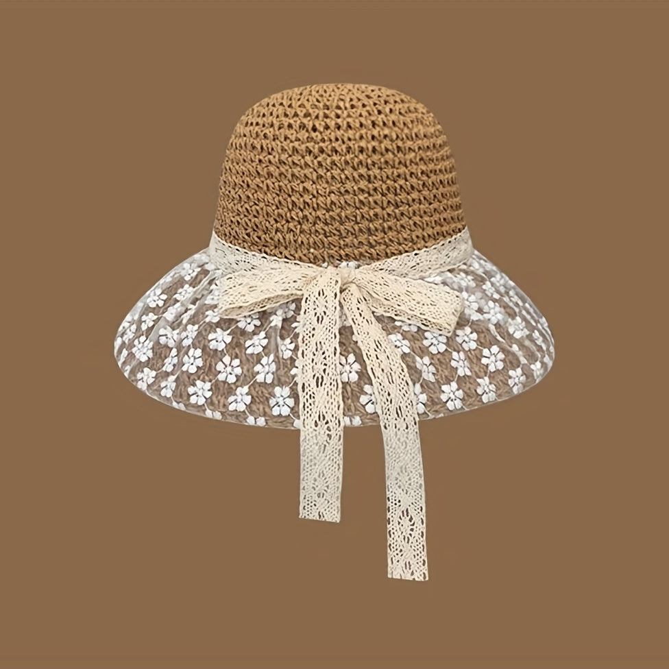 Lace Flower Brim Sun Hat Ribbon Bowknot Straw Hat
