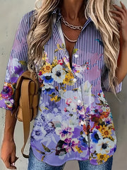  Floral & Stripe Print Long Sleeve Shirt Top