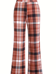  Plaid Print High Waisted Flared Leg Skinny Pants