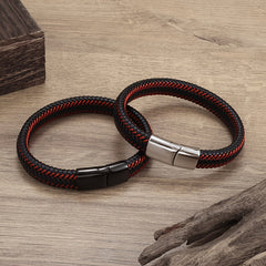 Men's Red Leather Braided Bracelet Magnetic Buckle