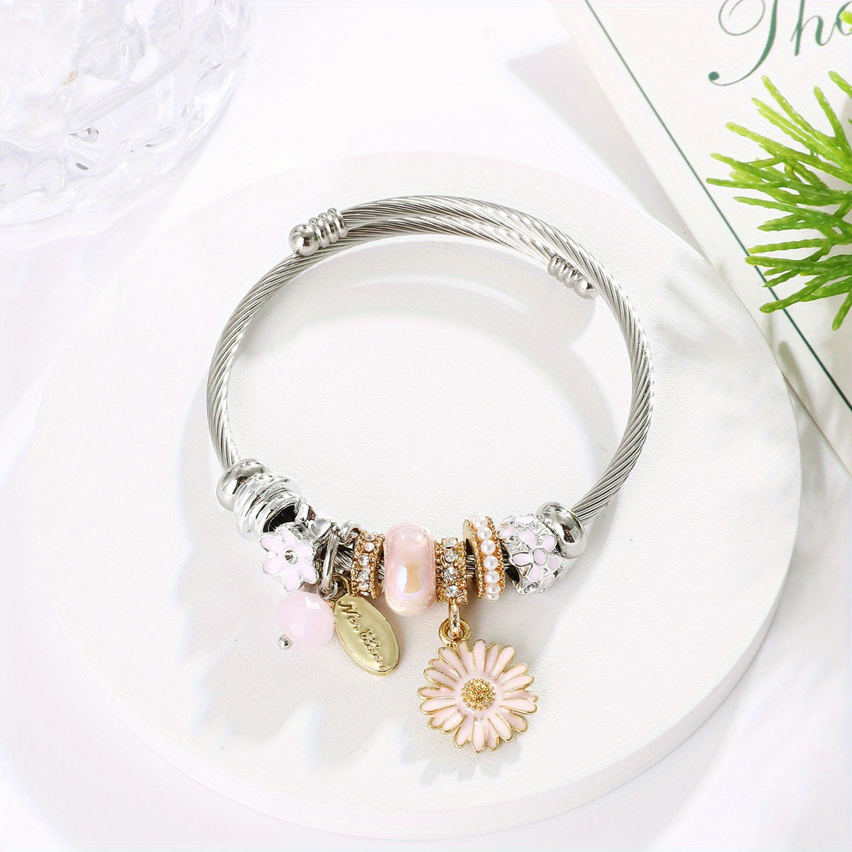 Small Daisy Charm Beaded Bangle Bracelet for Girls