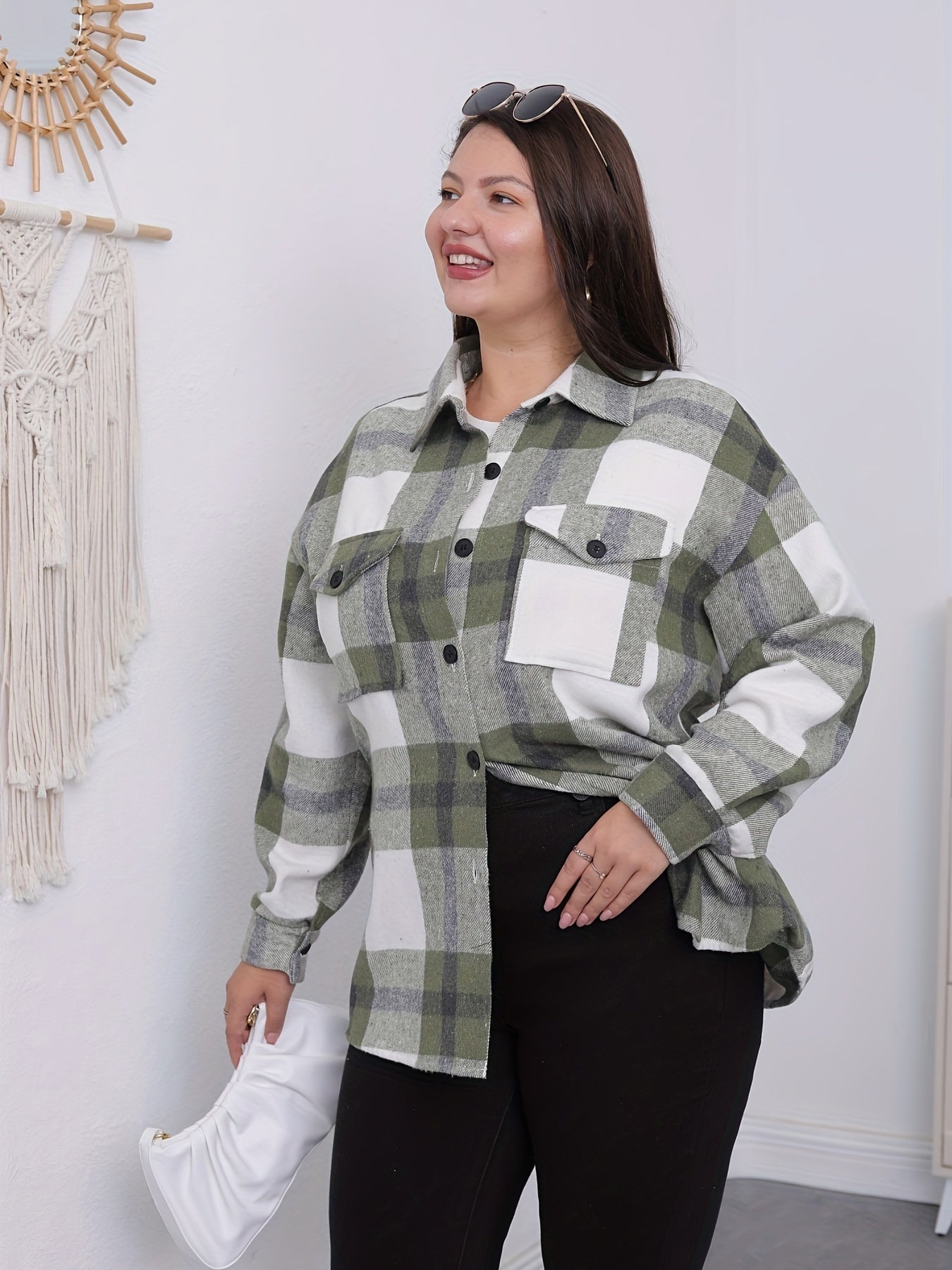  Plaid Print Button Up Collar Shirt Top