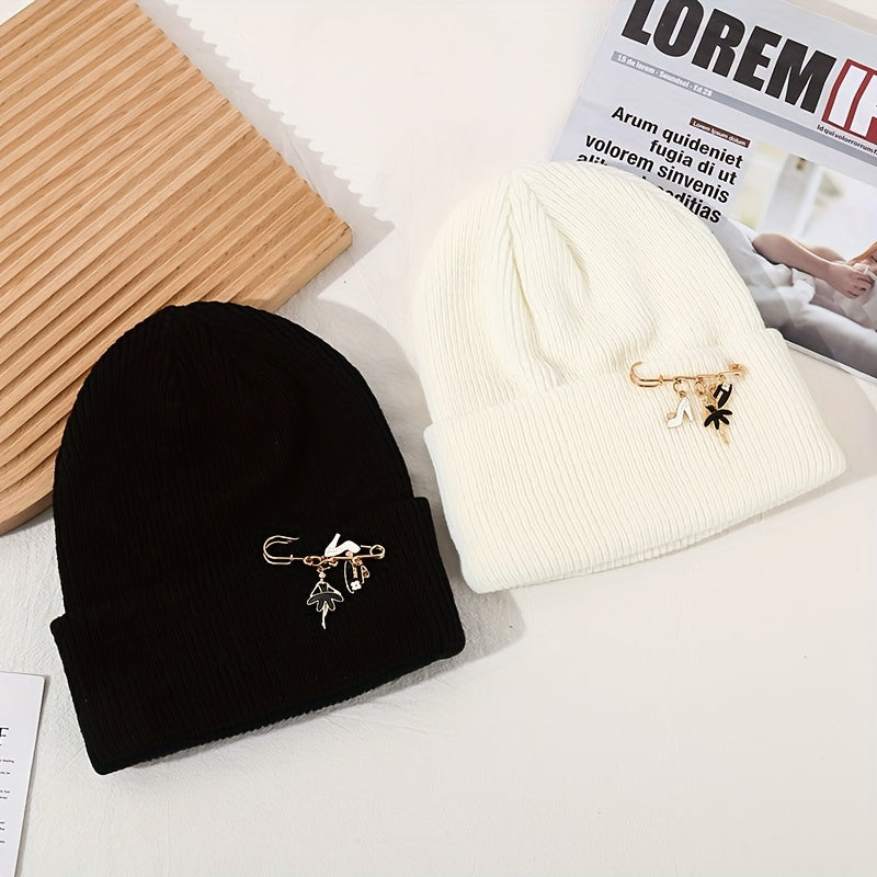 Detachable Brooch Couple Beanie Knitted Skull Hat Unisex Warm Ski Hat