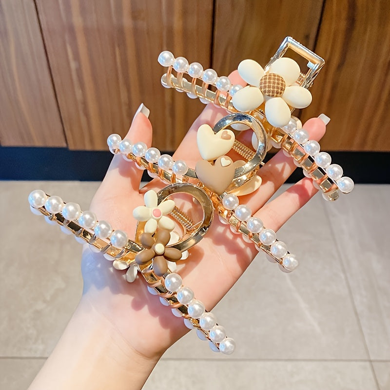 Metal Faux Pearl Hair Claw Large Shark Claw Ponytail Holder Hair Accessories