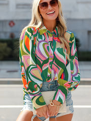  Casual Blouse Women's Plus Random Print Lantern Sleeve Button Up