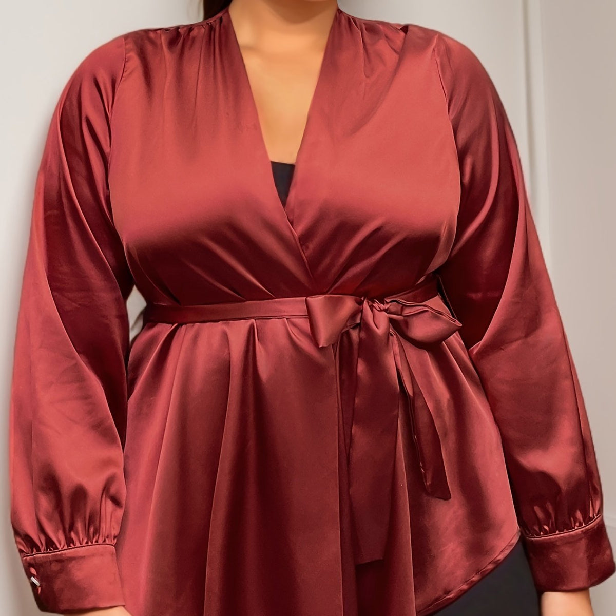  Solid Satin Long Sleeve Top With Belt