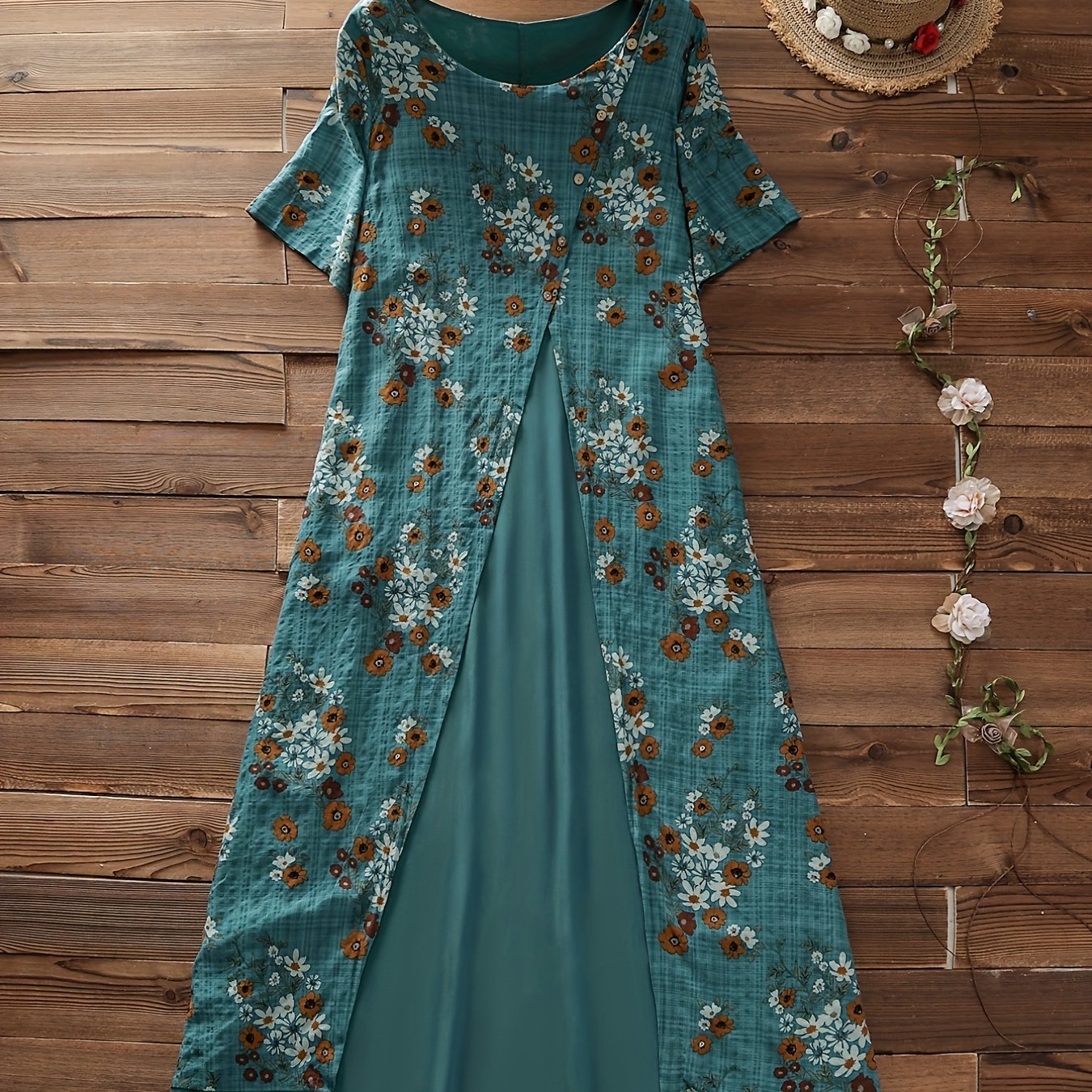  Floral Print Short Sleeve Layered Dress