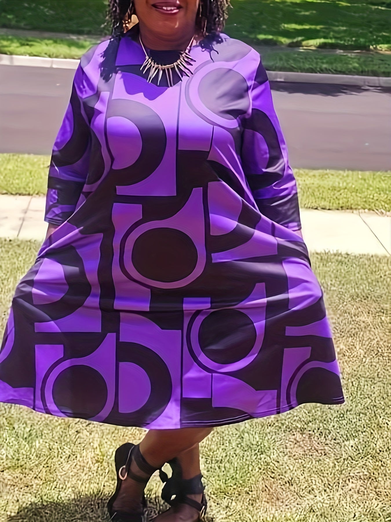 Geometric Print Half Sleeve Loose Fit Dress
