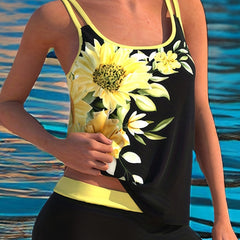  Sunflower Print Tankini Set - Top & Shorts