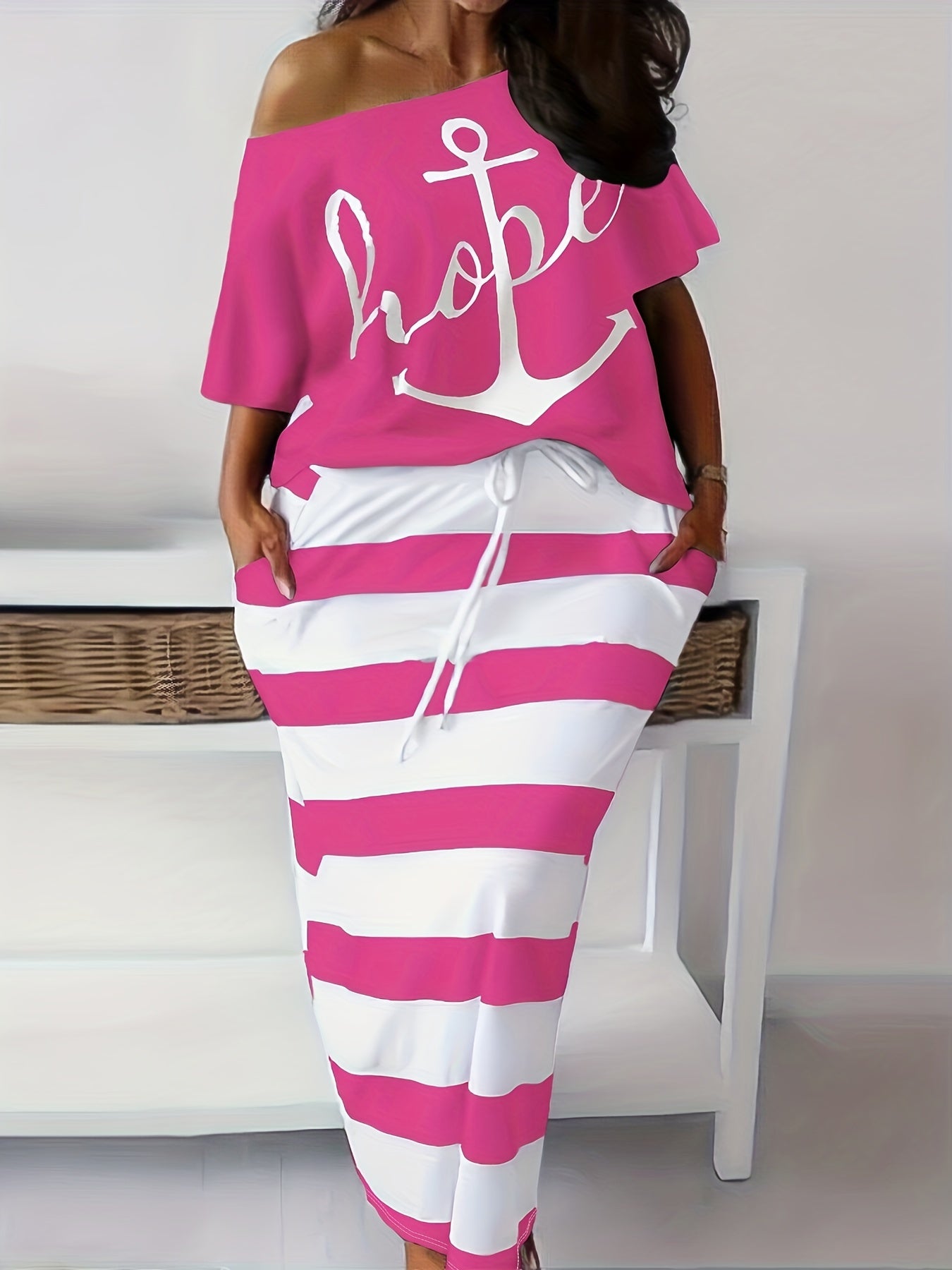Women's Plus Anchor & Letter Print T shirt & Strip Slim Fit Skirt 2pcs Set