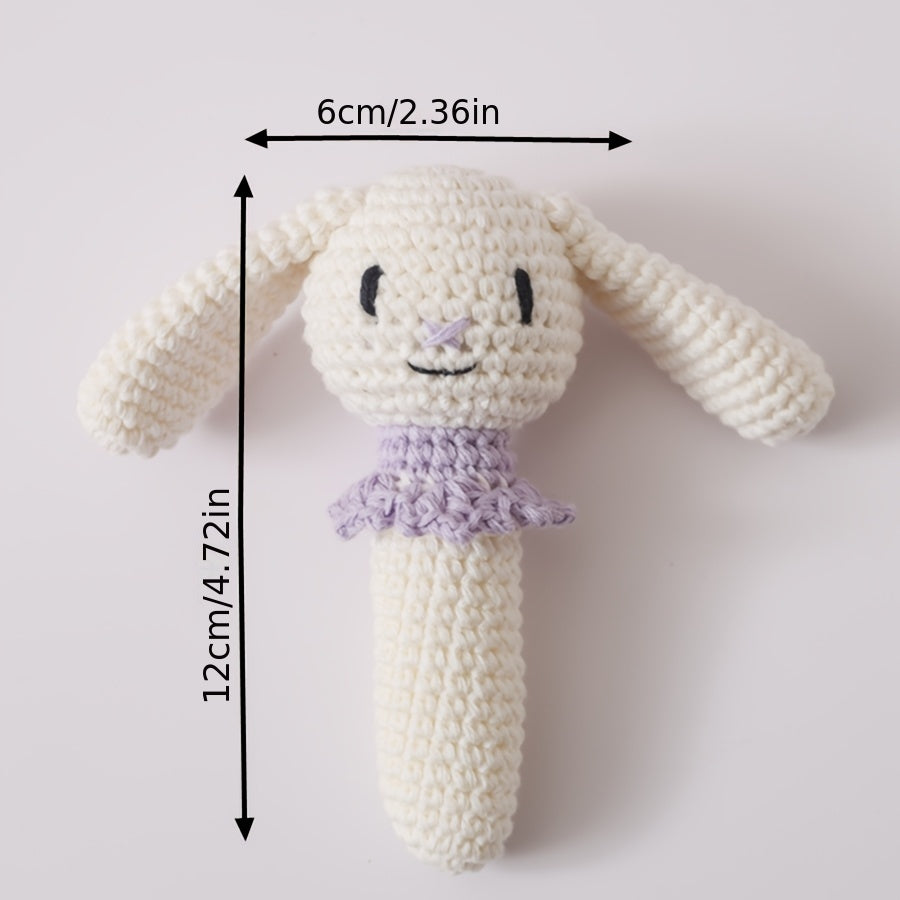 Crochet Rattle Teether Toy Knitted Animal Doll w/Bell 3D Details