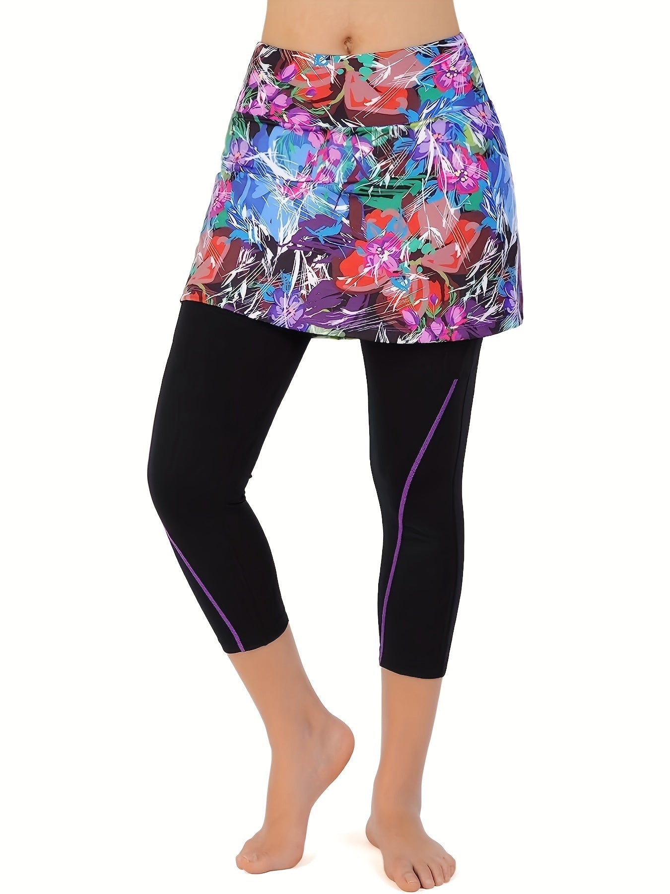 Floral Print Plus Size Sports Skort High Stretch Sports Skirt Leggings