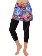 Floral Print Plus Size Sports Skort High Stretch Sports Skirt Leggings