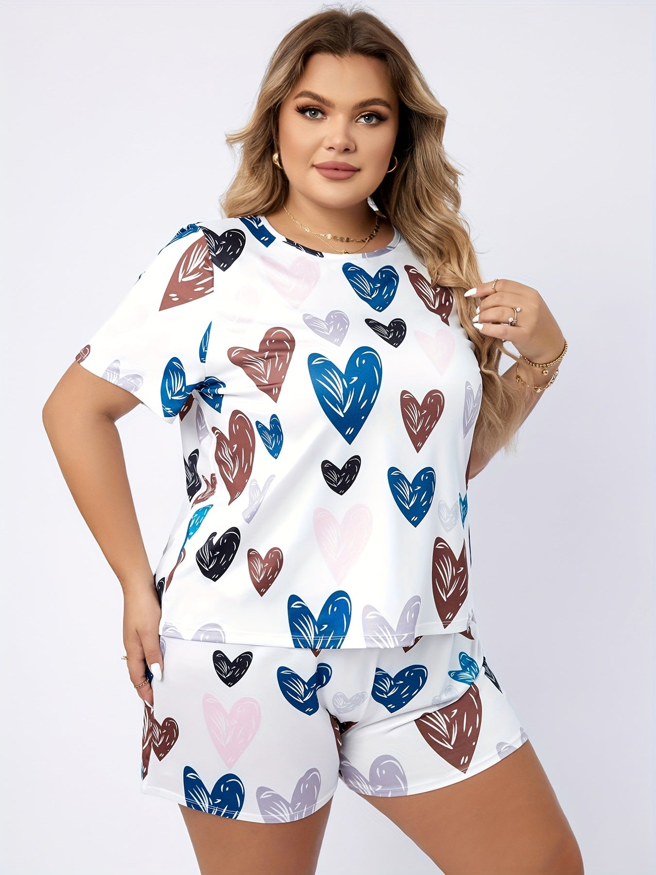  Heart Print Tee & Shorts Pajama Set