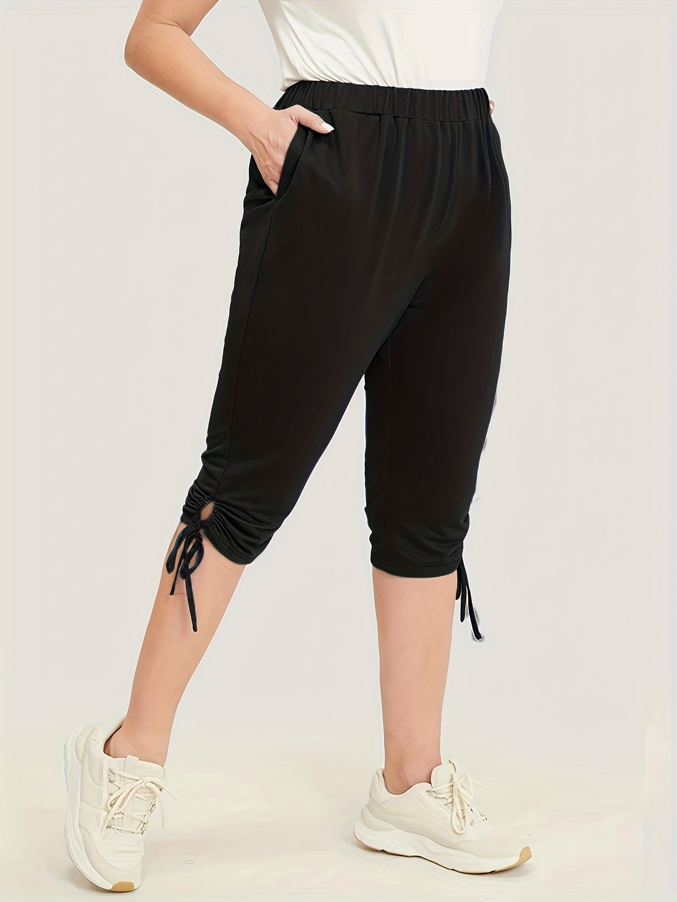 Solid Drawstring Skinny Capris Leggings Casual Crop Leggings