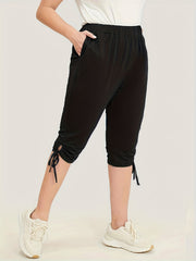 Solid Drawstring Skinny Capris Leggings Casual Crop Leggings