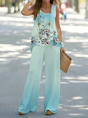 Floral Print Tank Top & Ombre Wide Leg Pants Set